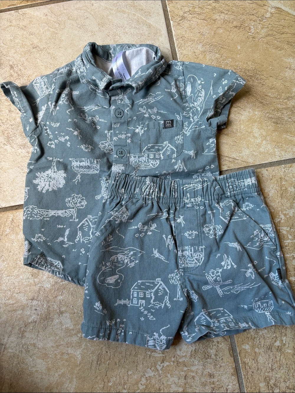 Kids Short Sleeve Matching Set in Slate Blue with Scenic Print